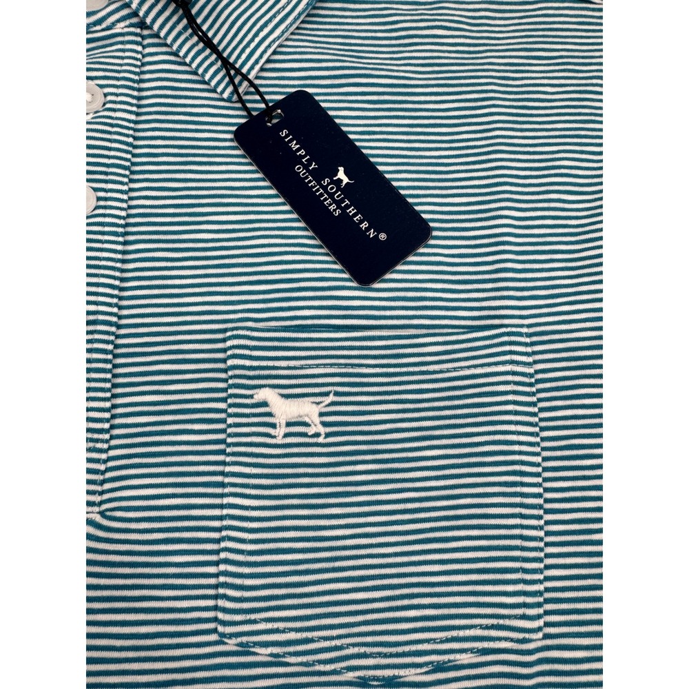 NWT Simply Southern Mens L Short Sleeve Polo Teal Striped Cotton Stretch Preppy - Picture 4 of 11